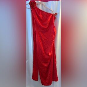 Unbranded Red One-Shoulder Maxi Dress w/Flower Embellishment, Side Zip; Size M/L